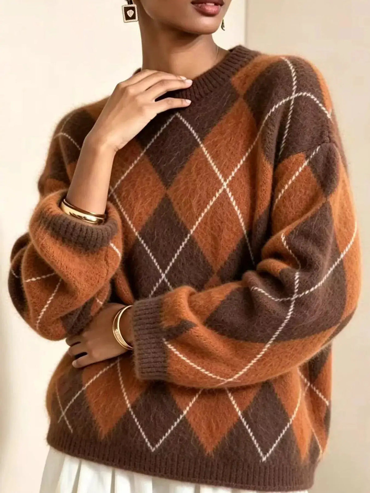 Brown Argyle Long Sleeve Ribbed Crew Neck Sweater - Bitsy Gypsy Boutique