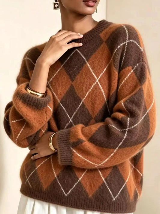 Brown Argyle Long Sleeve Ribbed Crew Neck Sweater - Bitsy Gypsy Boutique