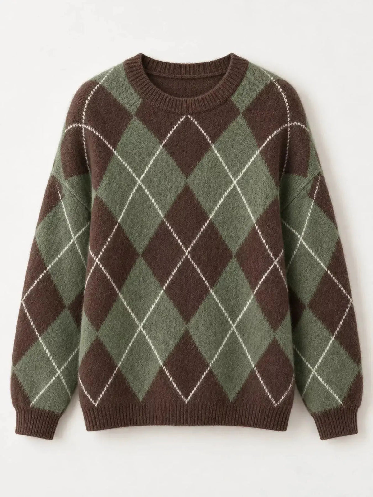 Brown Argyle Long Sleeve Ribbed Crew Neck Sweater - Bitsy Gypsy Boutique