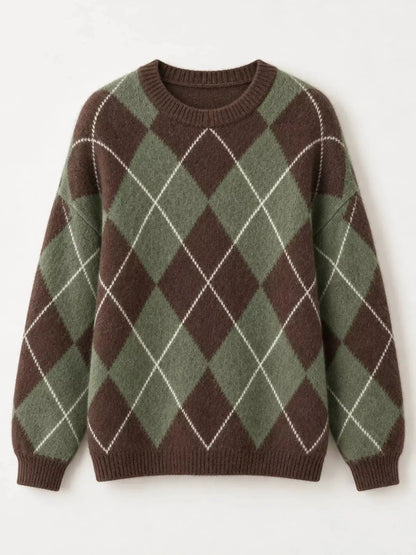 Brown Argyle Long Sleeve Ribbed Crew Neck Sweater - Bitsy Gypsy Boutique