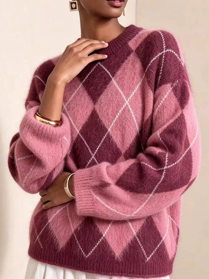 Brown Argyle Long Sleeve Ribbed Crew Neck Sweater - Bitsy Gypsy Boutique