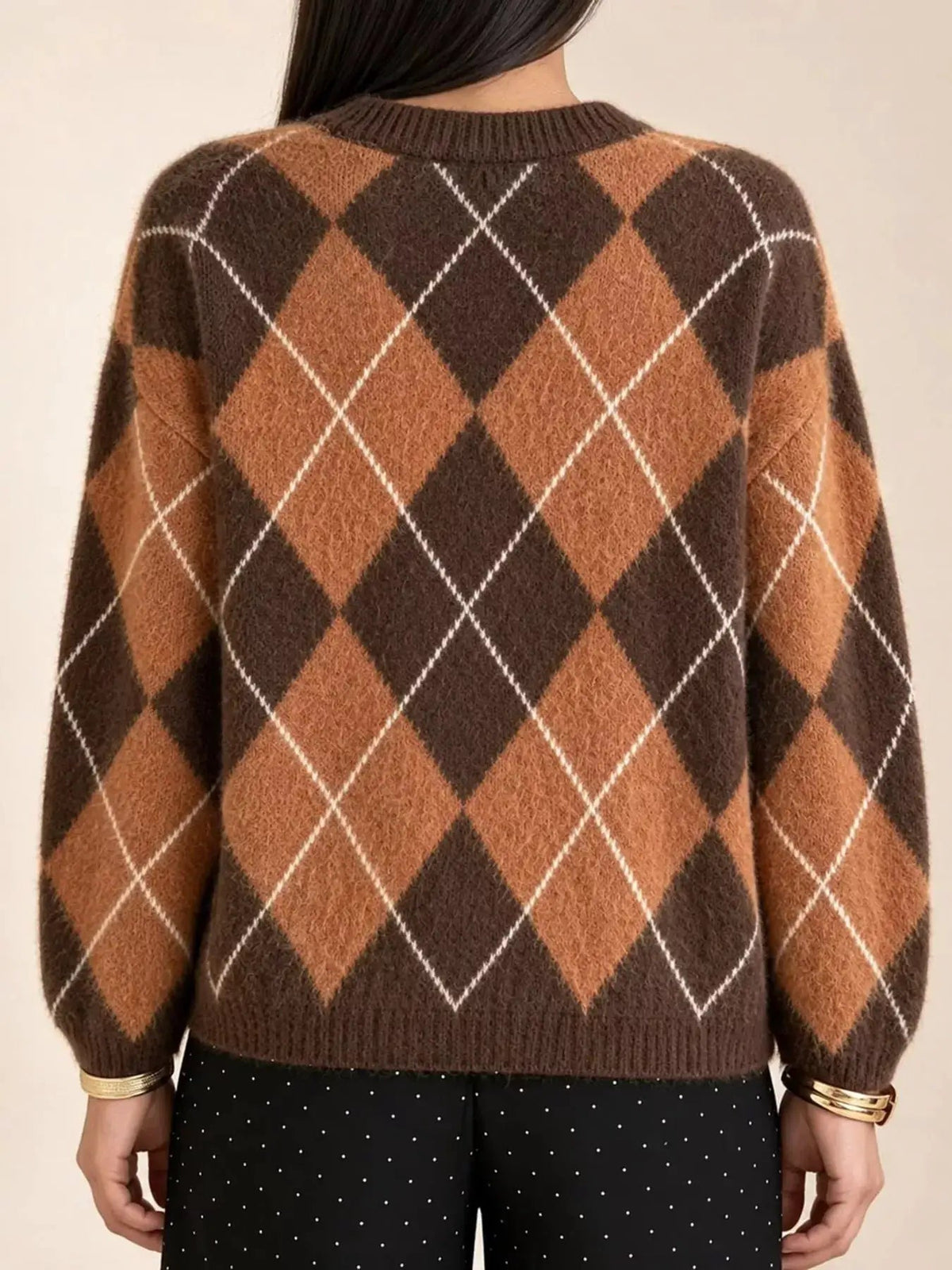 Brown Argyle Long Sleeve Ribbed Crew Neck Sweater - Bitsy Gypsy Boutique