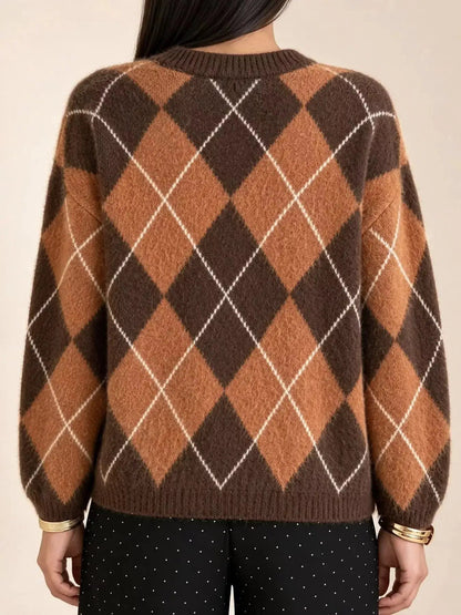 Brown Argyle Long Sleeve Ribbed Crew Neck Sweater - Bitsy Gypsy Boutique