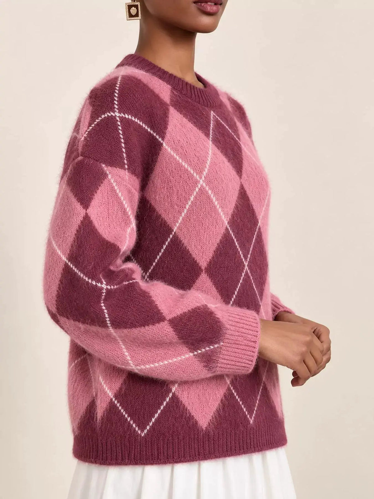 Brown Argyle Long Sleeve Ribbed Crew Neck Sweater - Bitsy Gypsy Boutique