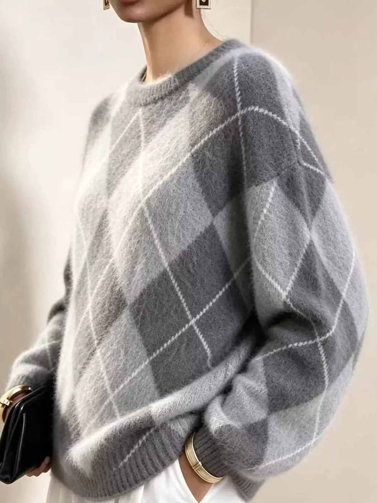 Brown Argyle Long Sleeve Ribbed Crew Neck Sweater - Bitsy Gypsy Boutique