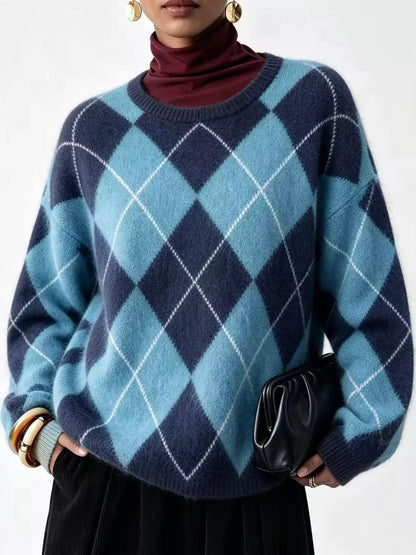 Brown Argyle Long Sleeve Ribbed Crew Neck Sweater - Bitsy Gypsy Boutique