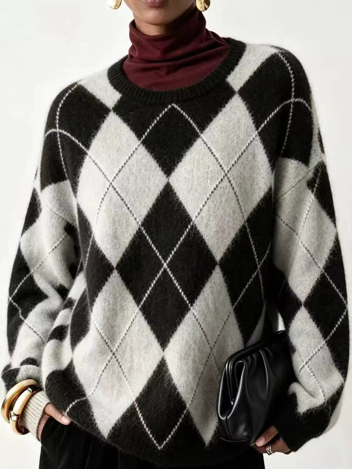 Brown Argyle Long Sleeve Ribbed Crew Neck Sweater - Bitsy Gypsy Boutique