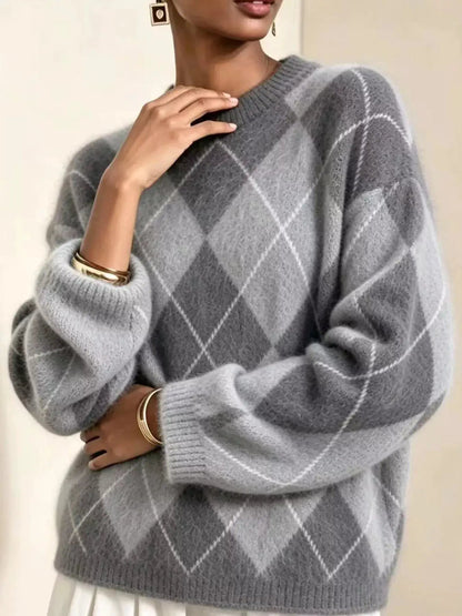 Brown Argyle Long Sleeve Ribbed Crew Neck Sweater - Bitsy Gypsy Boutique