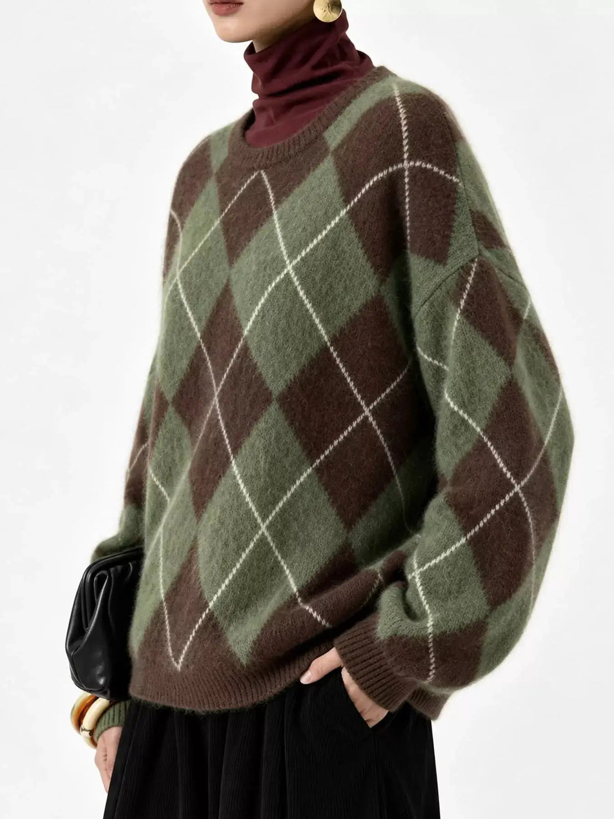 Brown Argyle Long Sleeve Ribbed Crew Neck Sweater - Bitsy Gypsy Boutique