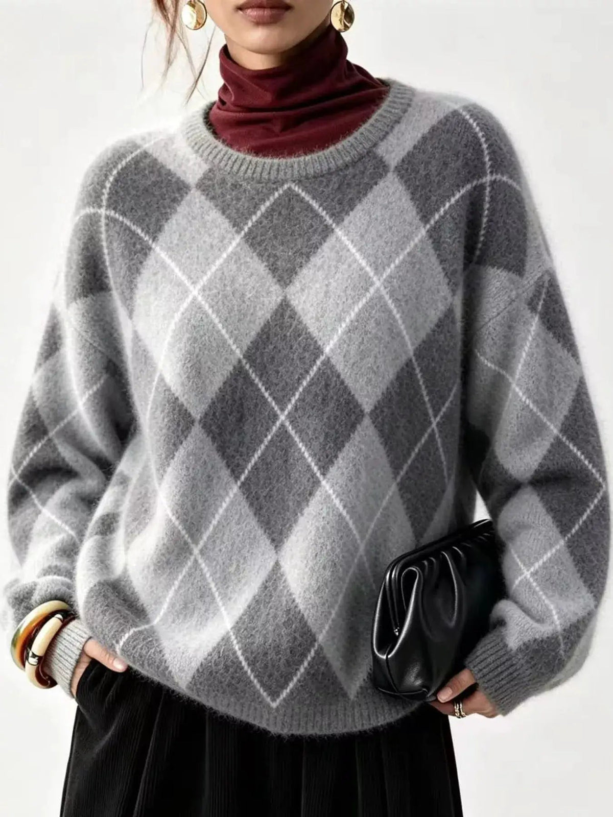 Brown Argyle Long Sleeve Ribbed Crew Neck Sweater - Bitsy Gypsy Boutique