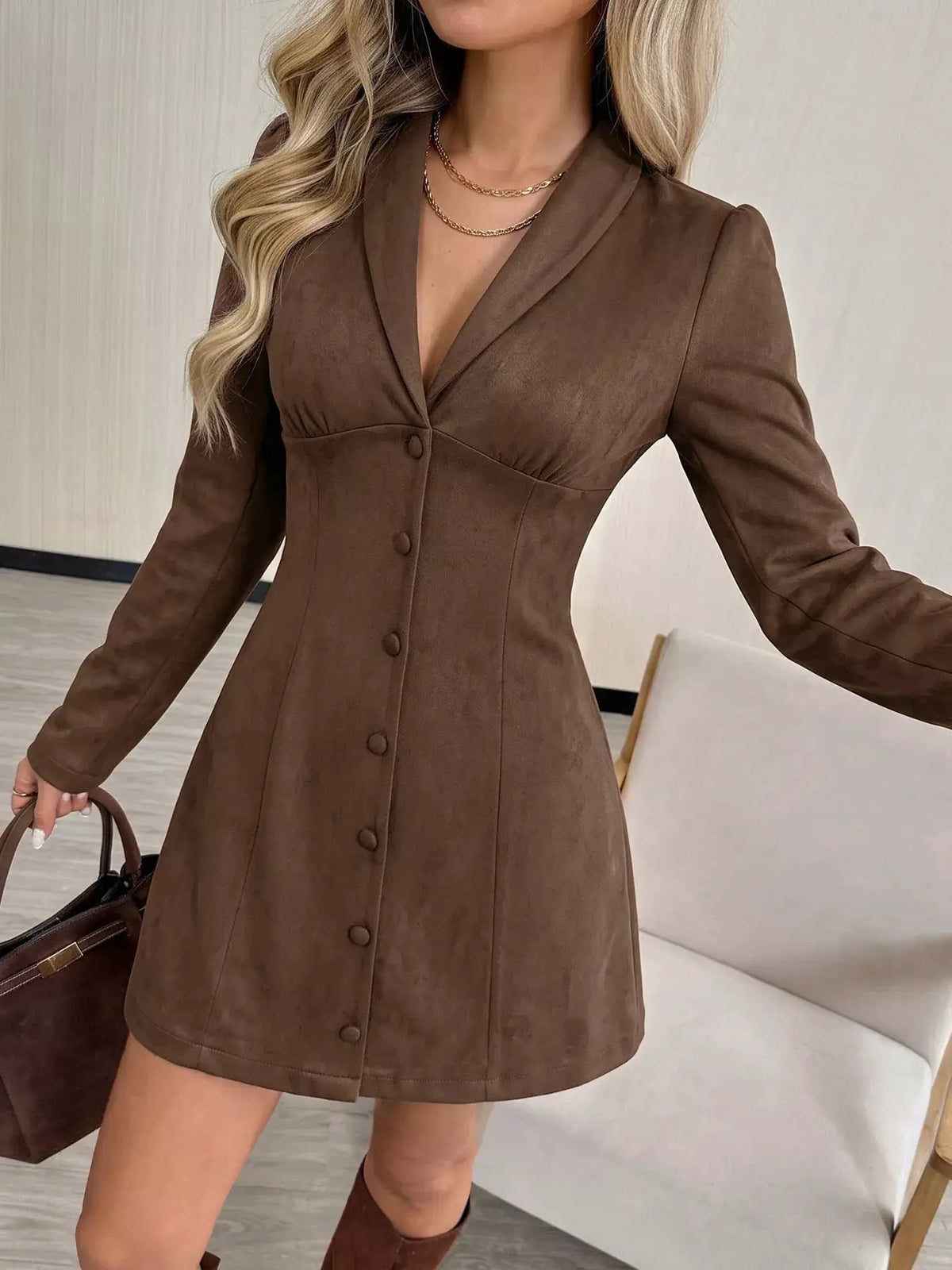 Brown Button Front Long Sleeve Blazer Dress - Bitsy Gypsy Boutique