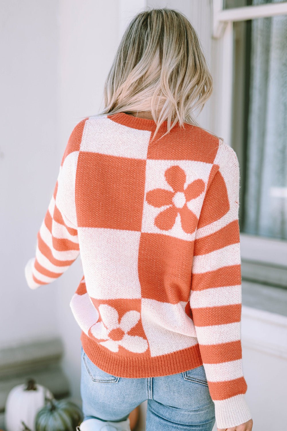 Brown Checkered Floral Print Striped Sleeve Sweater - Bitsy Gypsy Boutique