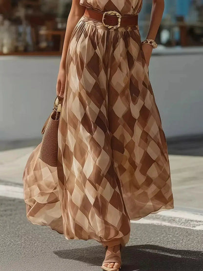 Brown Diamond Pattern Halter Neck Maxi Dress - Bitsy Gypsy Boutique