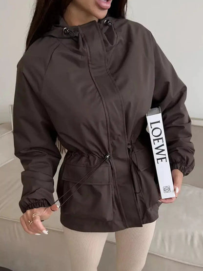 Brown Drawstring Waist Hooded Zipper Windbreaker - Bitsy Gypsy Boutique