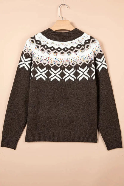 Brown Geometric Confetti Round Neck Sleeve Sweater - Bitsy Gypsy Boutique
