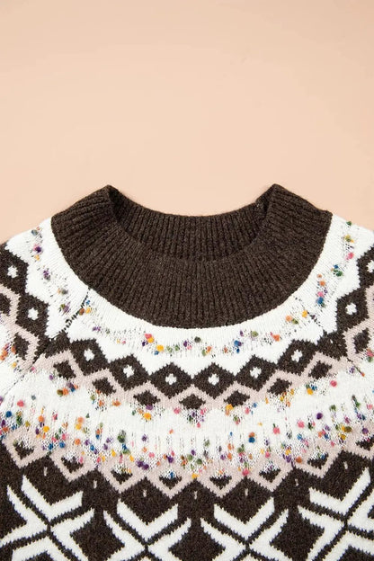 Brown Geometric Confetti Round Neck Sleeve Sweater - Bitsy Gypsy Boutique