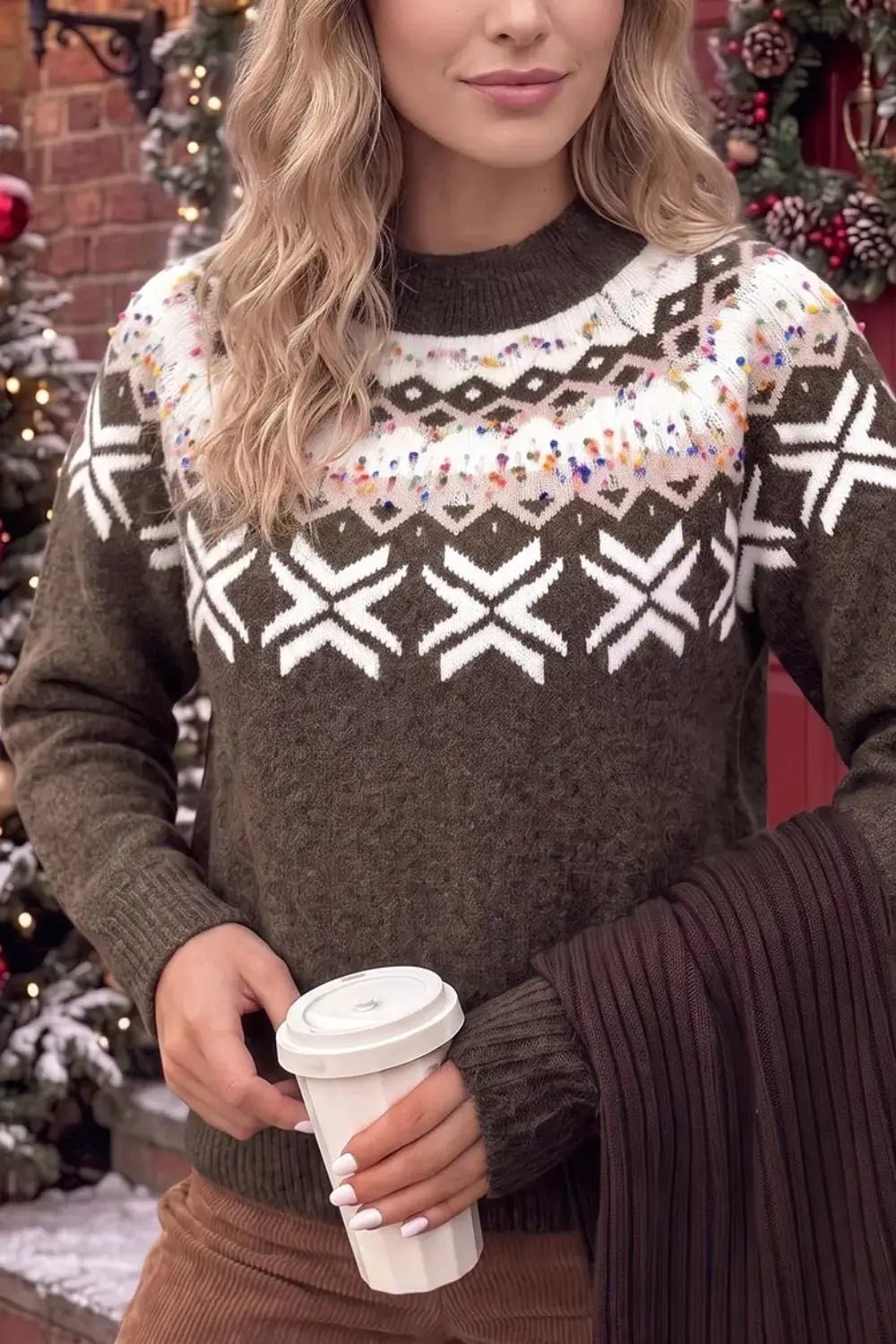 Brown Geometric Confetti Round Neck Sleeve Sweater - Bitsy Gypsy Boutique