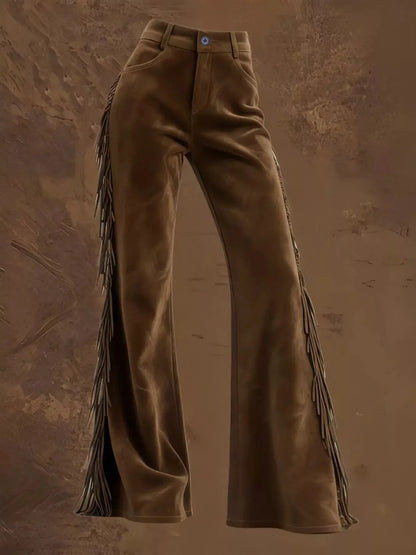Brown High Waist Button Front Pocketed Fringe Pants - Bitsy Gypsy Boutique