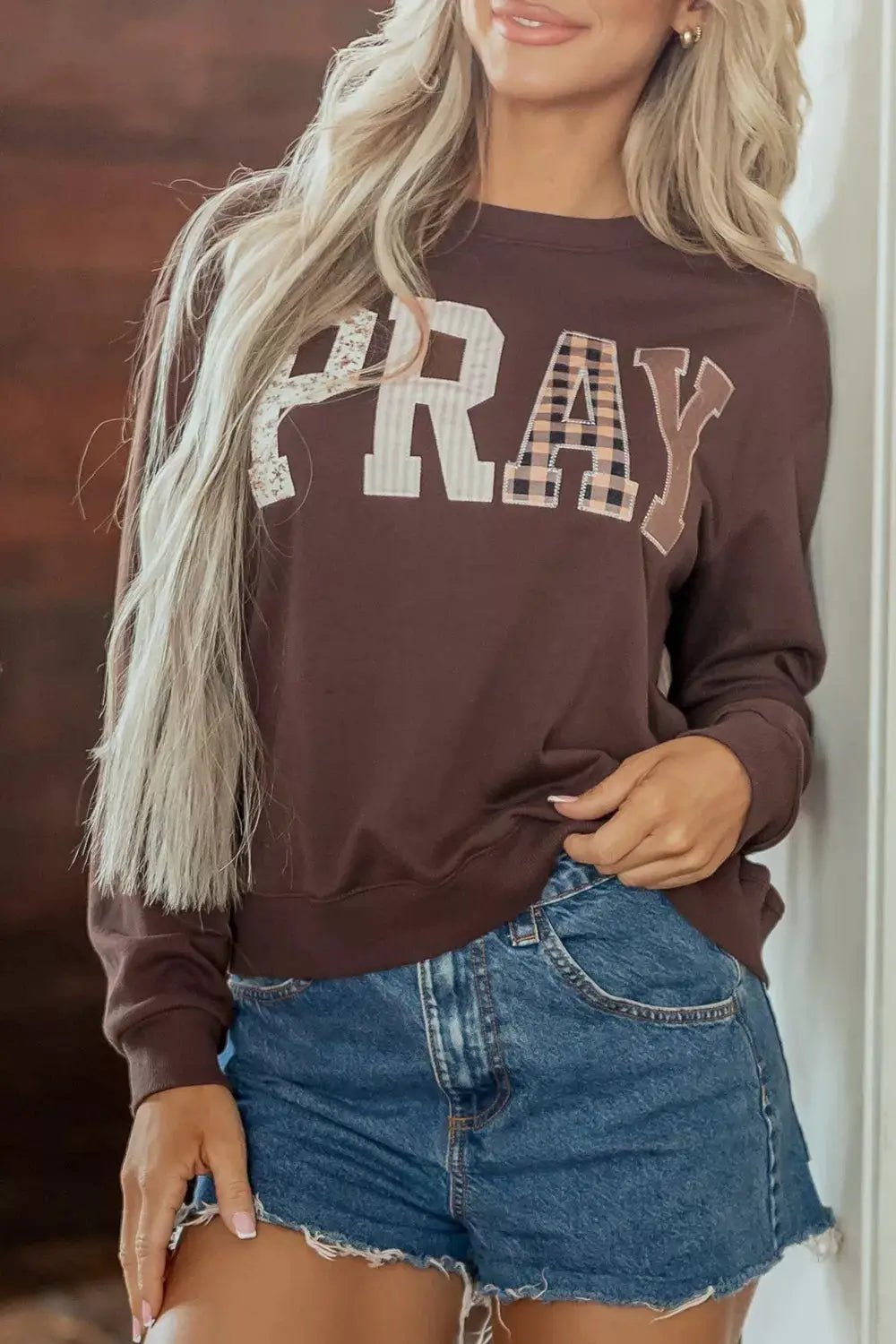 Brown Plaid Pray Graphic Crew Neck Sweatshirt - Bitsy Gypsy Boutique