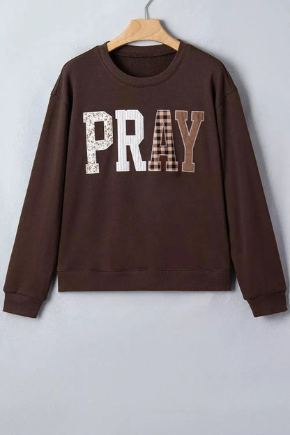 Brown Plaid Pray Graphic Crew Neck Sweatshirt - Bitsy Gypsy Boutique