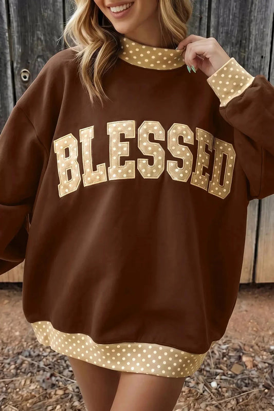 Brown Polka Dot Trim High Neck Blessed Sweatshirt - Bitsy Gypsy Boutique