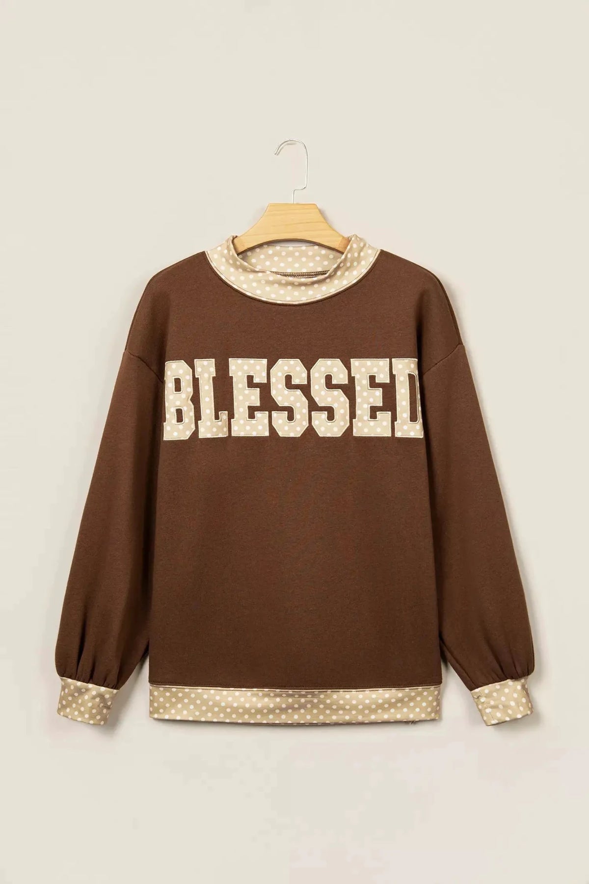 Brown Polka Dot Trim High Neck Blessed Sweatshirt - Bitsy Gypsy Boutique