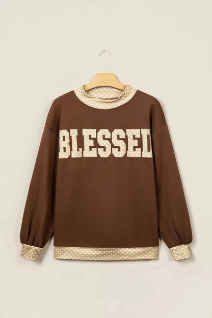 Brown Polka Dot Trim High Neck Blessed Sweatshirt - Bitsy Gypsy Boutique