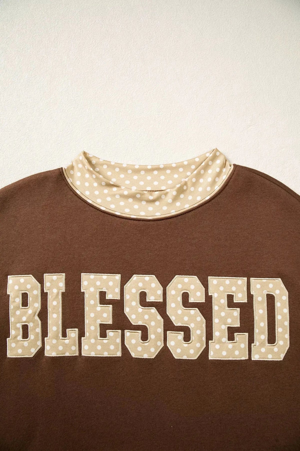 Brown Polka Dot Trim High Neck Blessed Sweatshirt - Bitsy Gypsy Boutique