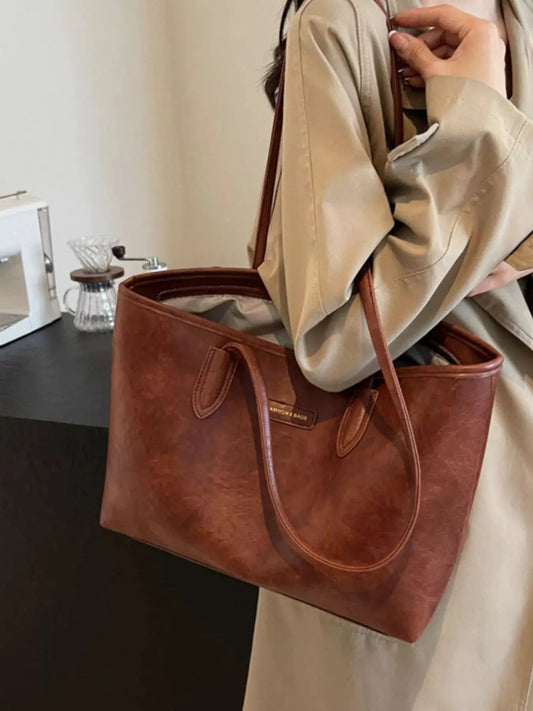 Brown PU Leather Large Shoulder Tote Bag - Bitsy Gypsy Boutique