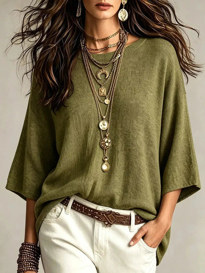 Brown Round Neck 3/4 Sleeve Knit Top - Bitsy Gypsy Boutique