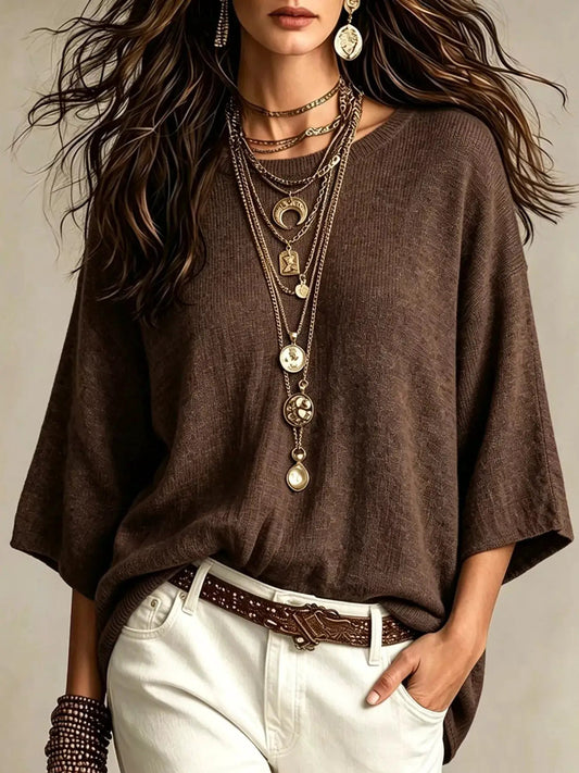 Brown Round Neck 3/4 Sleeve Knit Top - Bitsy Gypsy Boutique