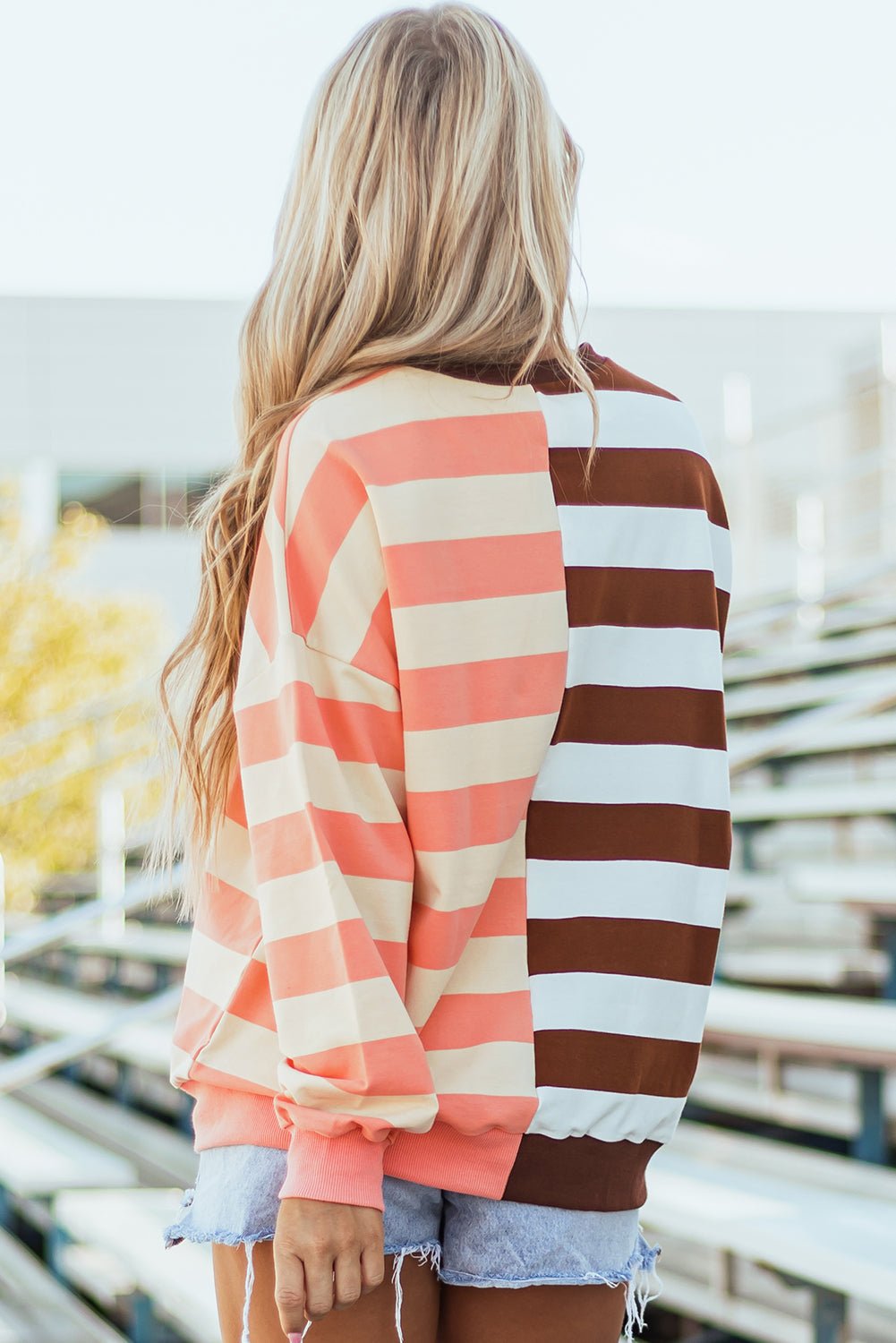 Brown Stripe Color Block Drop Shoulder Pullover Sweatshirt - Bitsy Gypsy Boutique