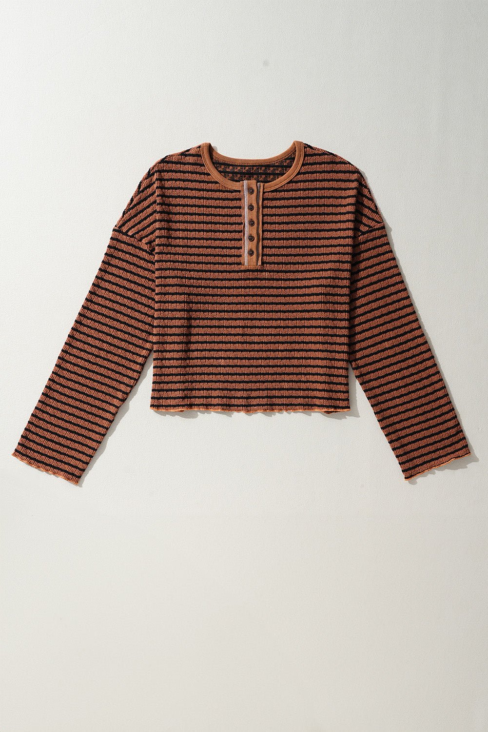 Brown Stripe Textured Frilly Trim Buttons Henley Long Sleeve Top - Bitsy Gypsy Boutique