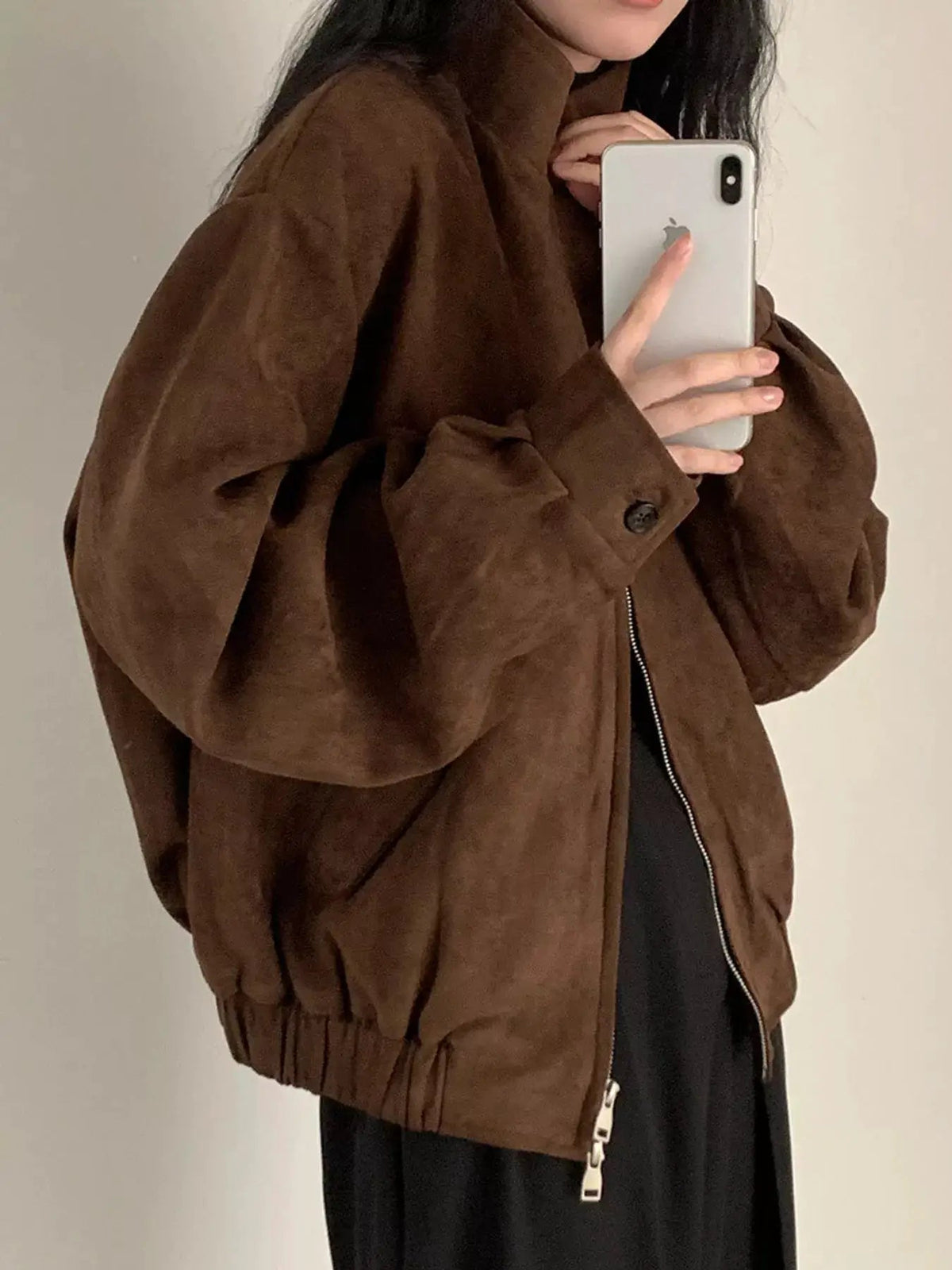 Brown Suede Relaxed Fit Stand Collar Zip Up Jacket - Bitsy Gypsy Boutique