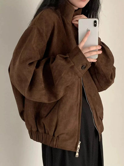 Brown Suede Relaxed Fit Stand Collar Zip Up Jacket - Bitsy Gypsy Boutique
