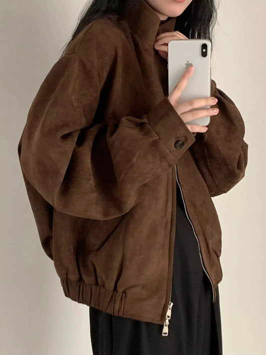Brown Suede Relaxed Fit Stand Collar Zip Up Jacket - Bitsy Gypsy Boutique