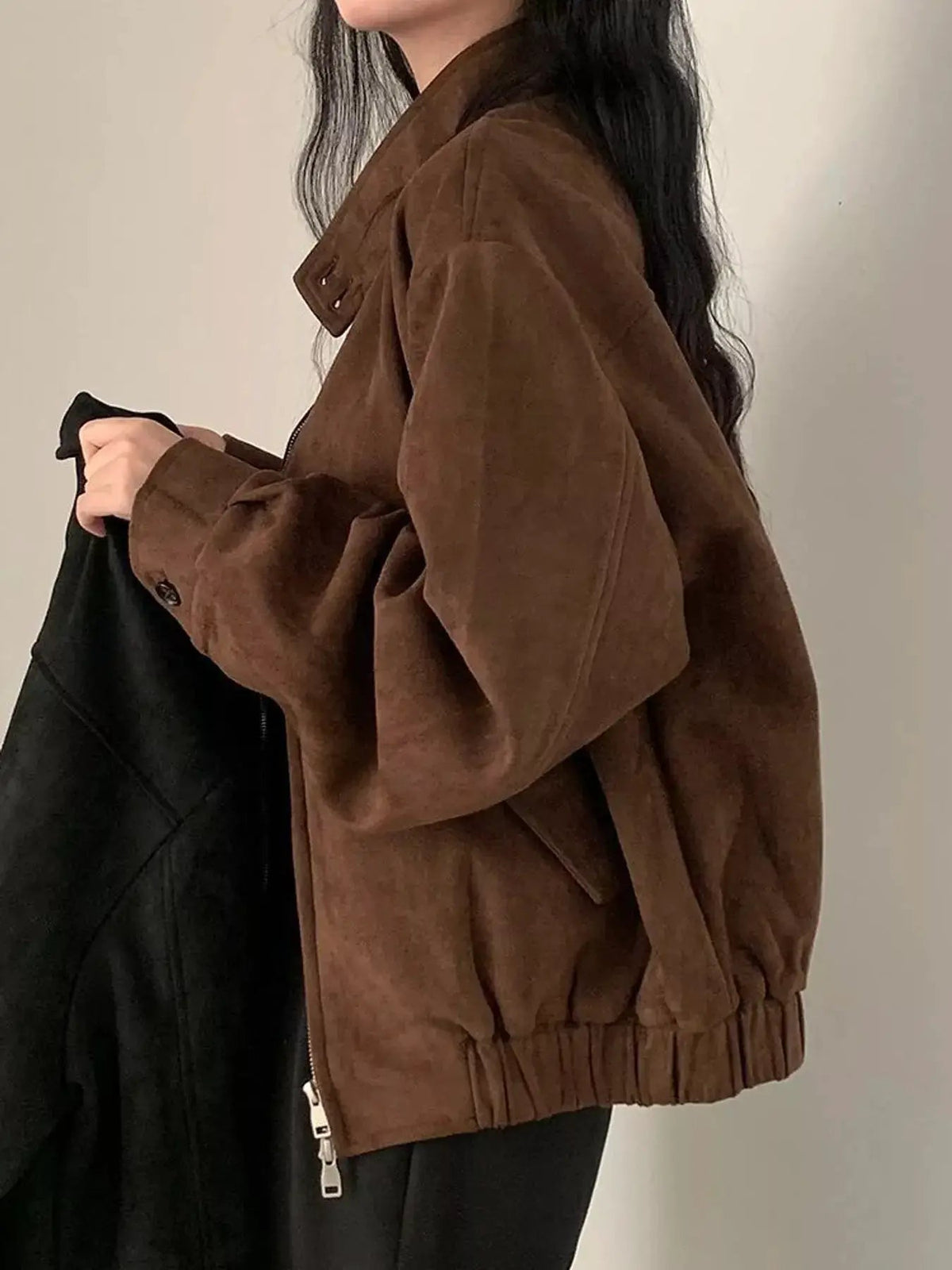 Brown Suede Relaxed Fit Stand Collar Zip Up Jacket - Bitsy Gypsy Boutique