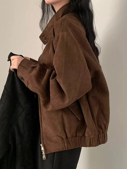 Brown Suede Relaxed Fit Stand Collar Zip Up Jacket - Bitsy Gypsy Boutique