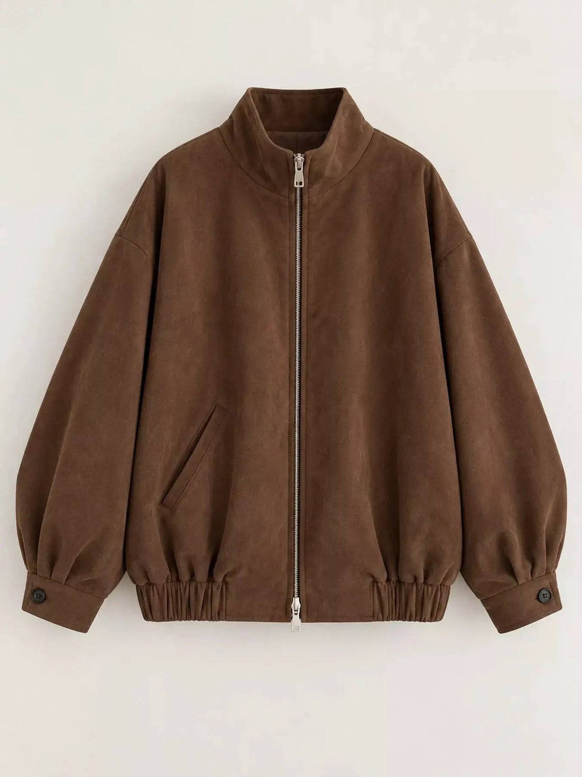 Brown Suede Relaxed Fit Stand Collar Zip Up Jacket - Bitsy Gypsy Boutique