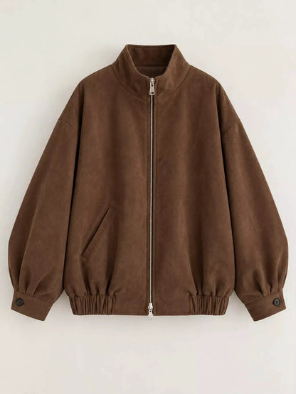 Brown Suede Relaxed Fit Stand Collar Zip Up Jacket - Bitsy Gypsy Boutique