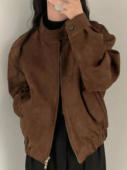 Brown Suede Relaxed Fit Stand Collar Zip Up Jacket - Bitsy Gypsy Boutique