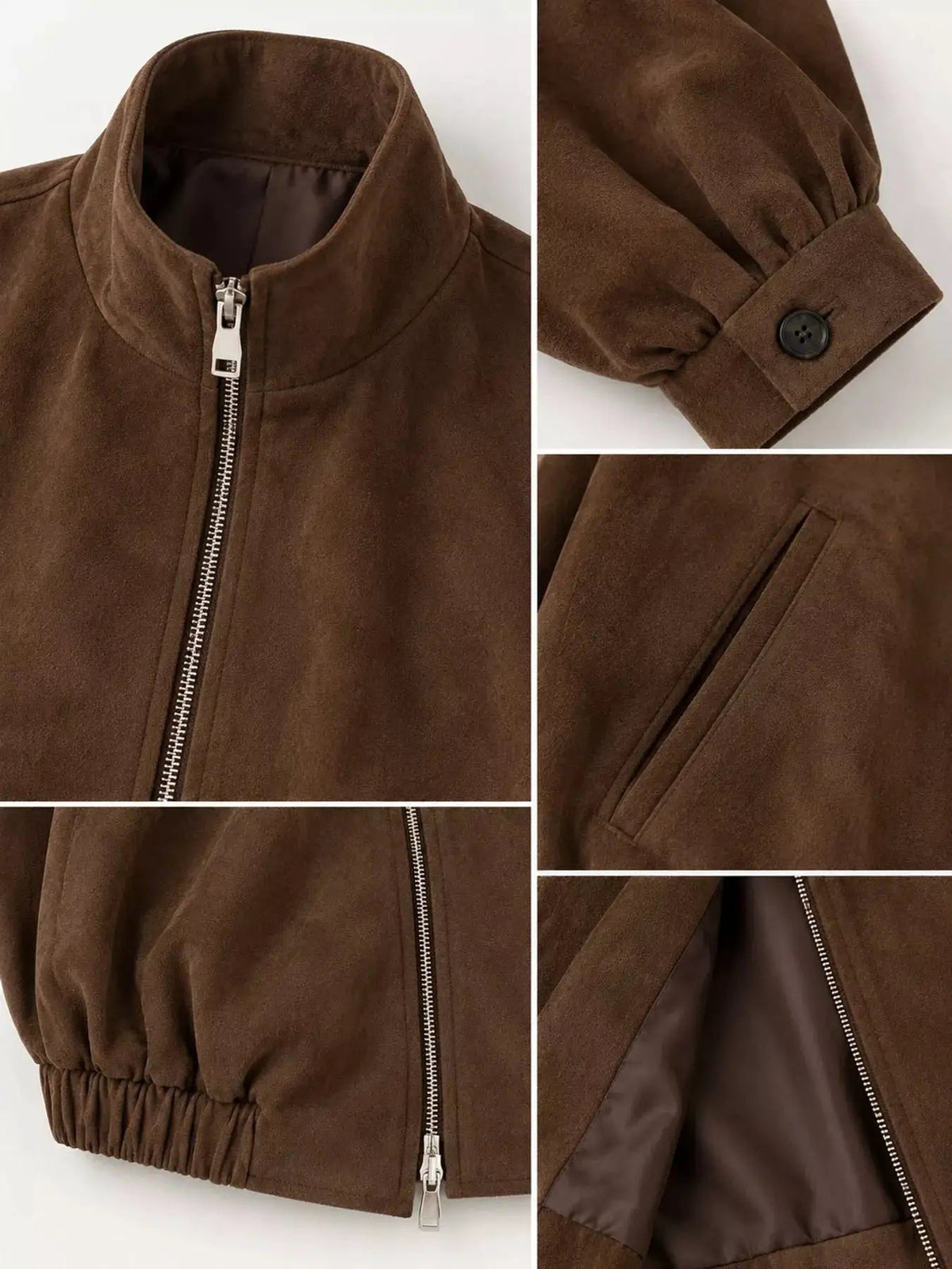Brown Suede Relaxed Fit Stand Collar Zip Up Jacket - Bitsy Gypsy Boutique