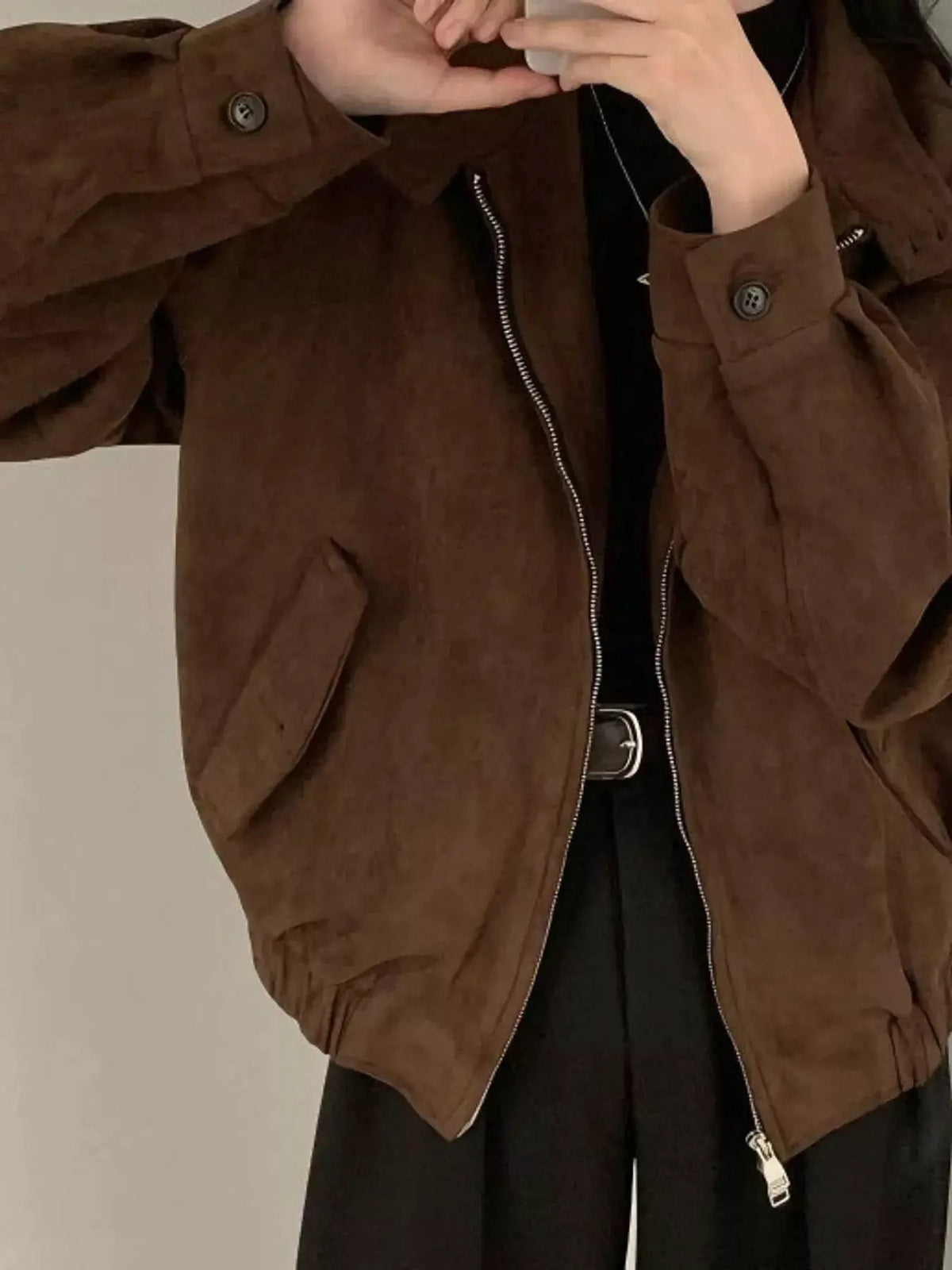 Brown Suede Relaxed Fit Stand Collar Zip Up Jacket - Bitsy Gypsy Boutique