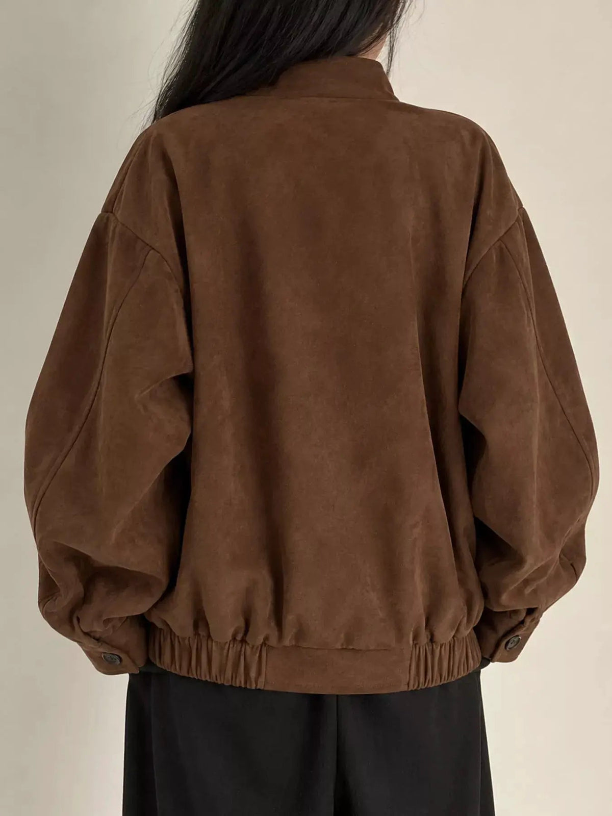 Brown Suede Relaxed Fit Stand Collar Zip Up Jacket - Bitsy Gypsy Boutique