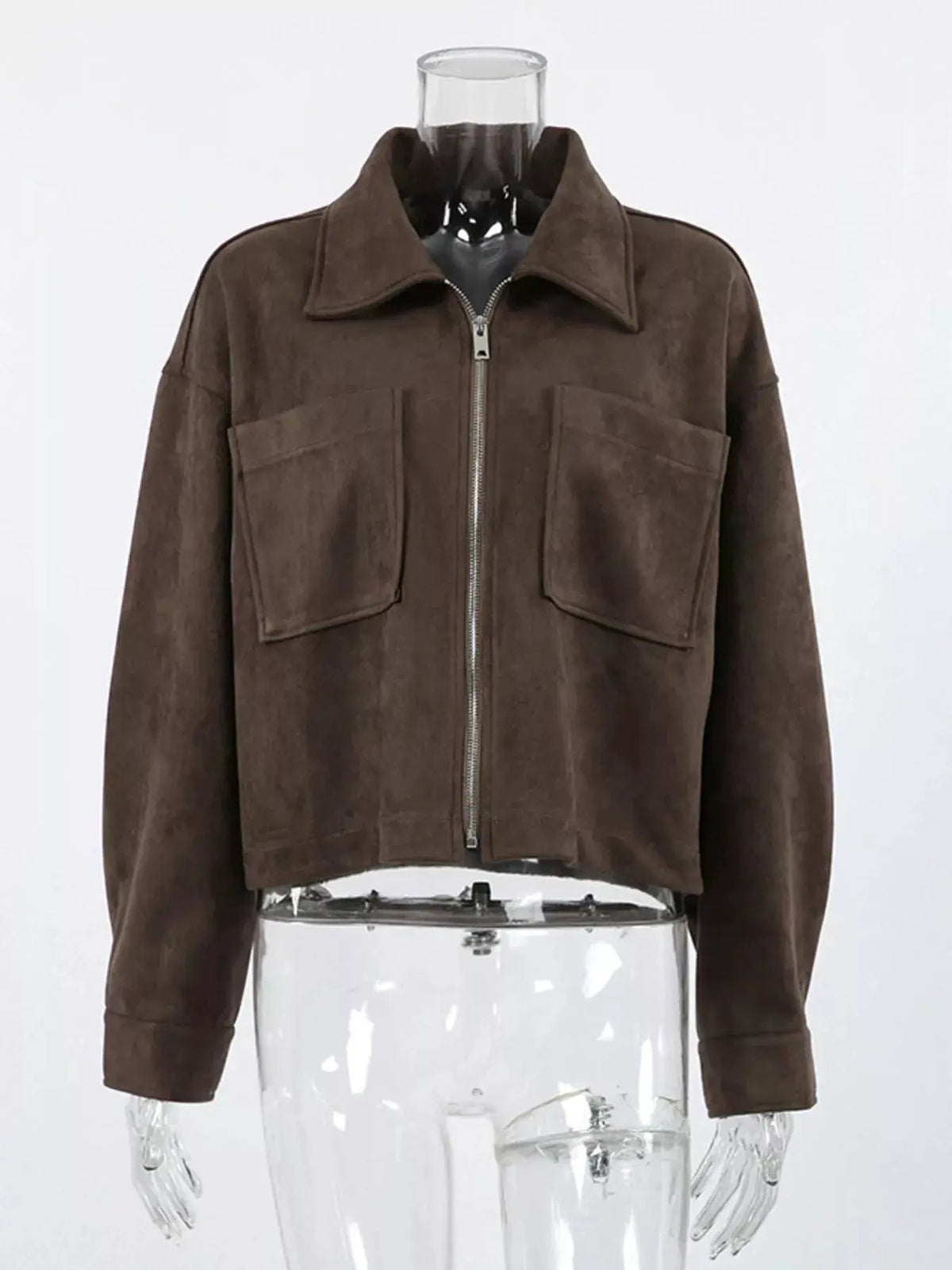 Brown Suede Zipper Utility Jacket With Front Pockets - Bitsy Gypsy Boutique