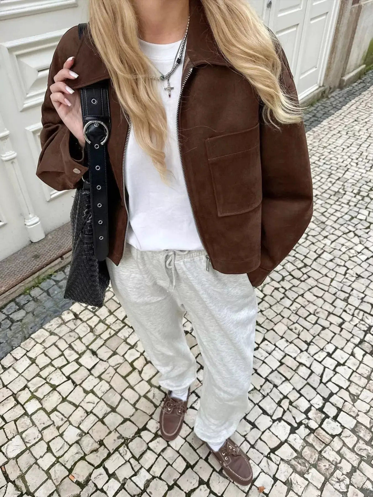 Brown Suede Zipper Utility Jacket With Front Pockets - Bitsy Gypsy Boutique