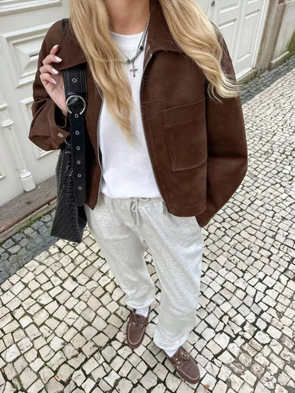 Brown Suede Zipper Utility Jacket With Front Pockets - Bitsy Gypsy Boutique