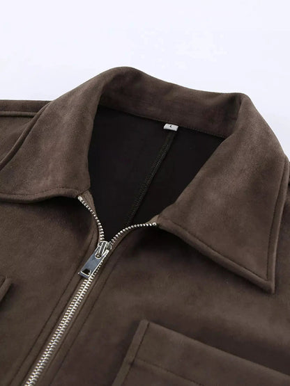 Brown Suede Zipper Utility Jacket With Front Pockets - Bitsy Gypsy Boutique