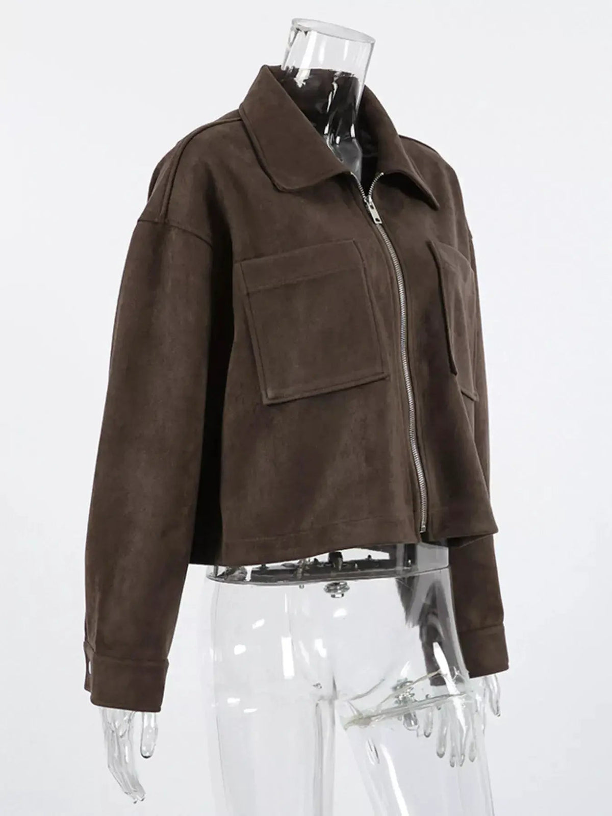 Brown Suede Zipper Utility Jacket With Front Pockets - Bitsy Gypsy Boutique