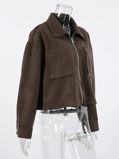 Brown Suede Zipper Utility Jacket With Front Pockets - Bitsy Gypsy Boutique